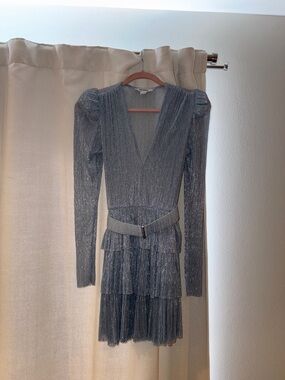 Sabina Musayev Icy blue Metallic Long-Sleeve Tiered V-Neck Dress with Belt